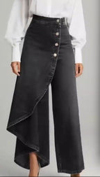 Ancient Energy women's straight-leg faux jeans pants with large ruffled buttons, fashion-forward trousers, casual and stylish wear