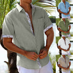 Ancient Energy men's short sleeve vacation shirt with plaid side panels, featuring a relaxed summer Hawaii beach style.