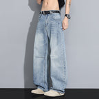 Ancient Energy men's straight-leg denim jeans, versatile high-street style, dark blue wash, classic five-pocket design, front view.