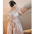 Elegant champagne-colored women evening dress by Ancient Energy, featuring a flowing design and stylish silhouette.