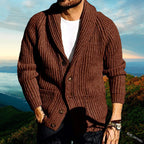 Mandotos International chic long sleeve knit cardigan in brown ribbed texture.