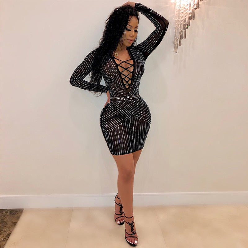 Rhinestone Mesh Party Dress - Women's Nightlife Fashion