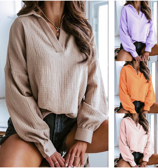 Mandotos International chic lantern sleeve cotton shirt in beige, purple, orange, and pink.