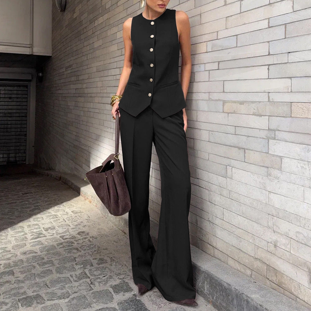 Conjunto de Chaleco Elegante Sin Mangas y Pantalones de Pierna Ancha para Mujer – 2 Piezas de Oficina