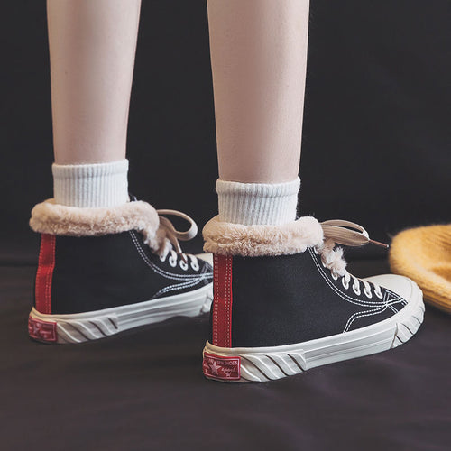 Women’s Warm Black Winter Thick Flat High-Top Velvet Canvas Shoes