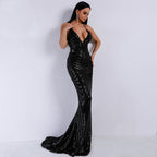 Chic Striped Sequin V-Neck Gown
