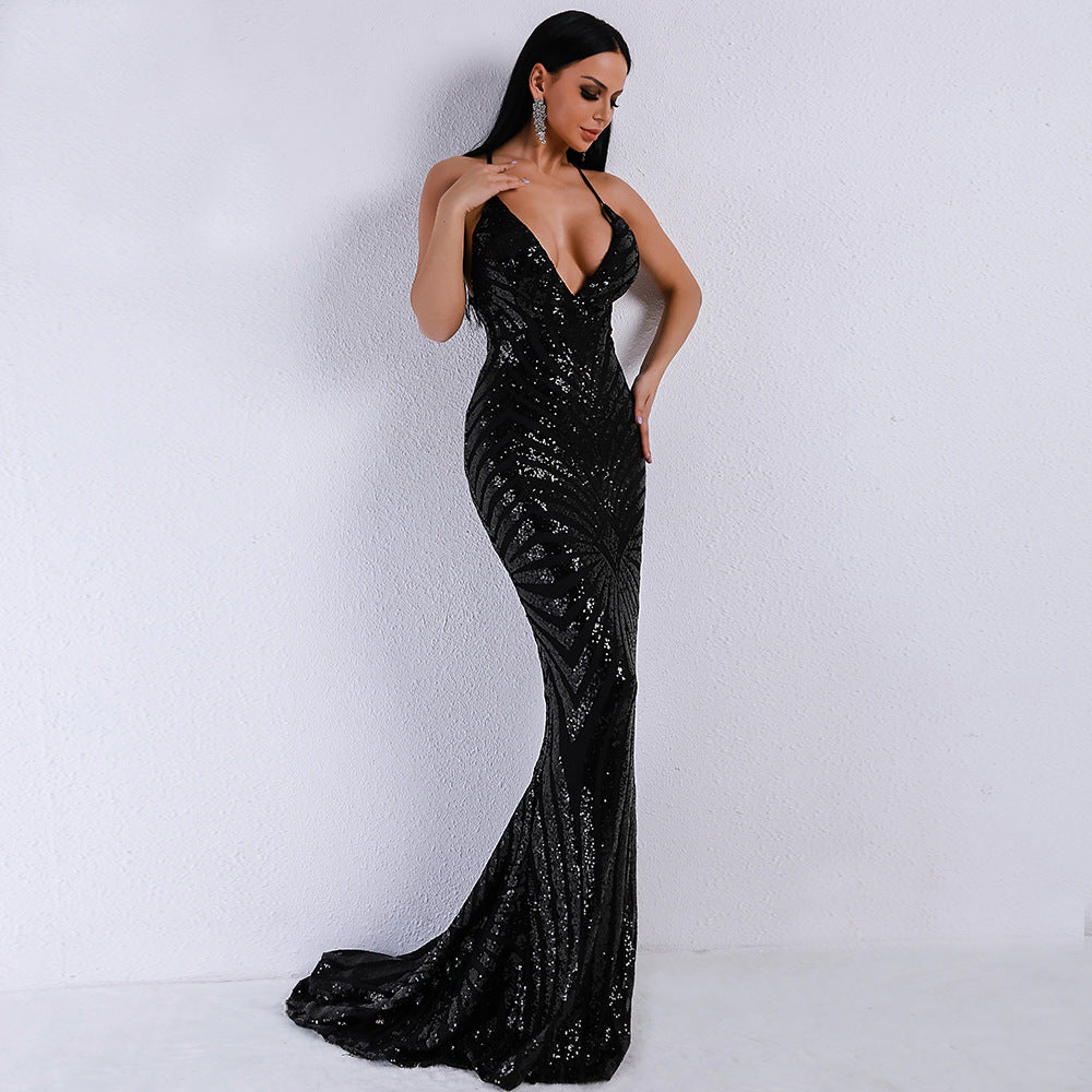 Chic Striped Sequin V-Neck Gown