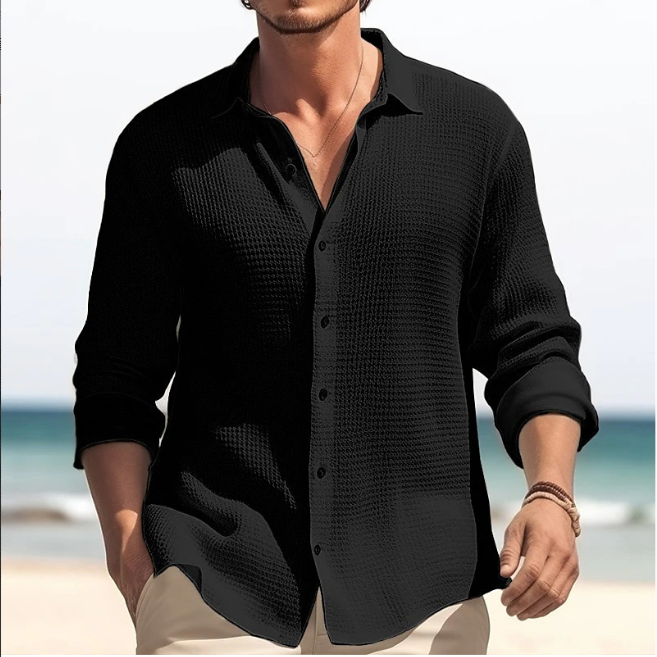 Mandotos International plus size men's casual black waffle knit lapel shirt
