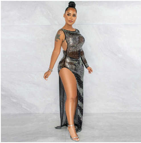 Glam Night Drilled Sleeve Asymmetrical Maxi