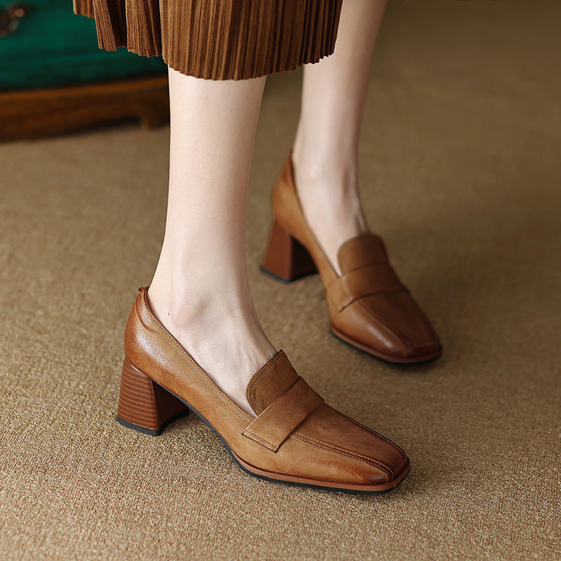 Zapatos de tacón grueso de piel de oveja con punta cuadrada para mujer – Zapatos de vestir de tacón alto retro