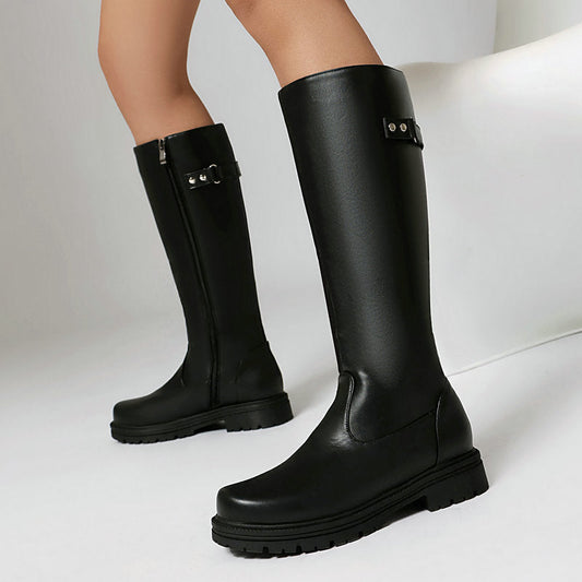 Botas de montar retro estilo británico para mujer – Botas altas con hebilla de cinturón de cuero