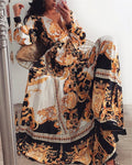 Mandotos International vintage floral evening dress with V-neck, showcasing a chic, elegant design and colorful floral pattern.