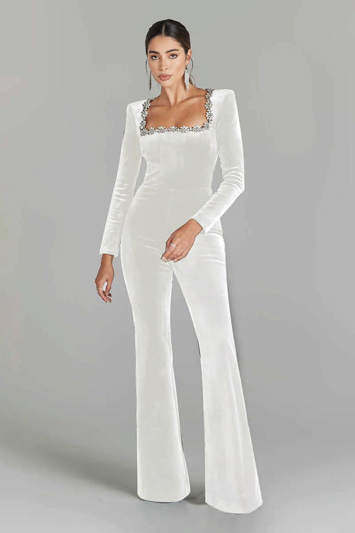 Women’s Diamond-Encrusted Square-Collar Flared Jumpsuit