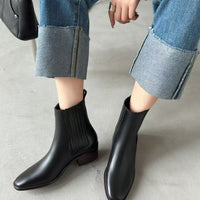 Women’s Retro Square-Toe Mid-Heel Chunky Leather Boots