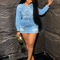 Women's High-Waisted Washed Denim Mini Dress – Multi-Pocket Hip-Lifting Design