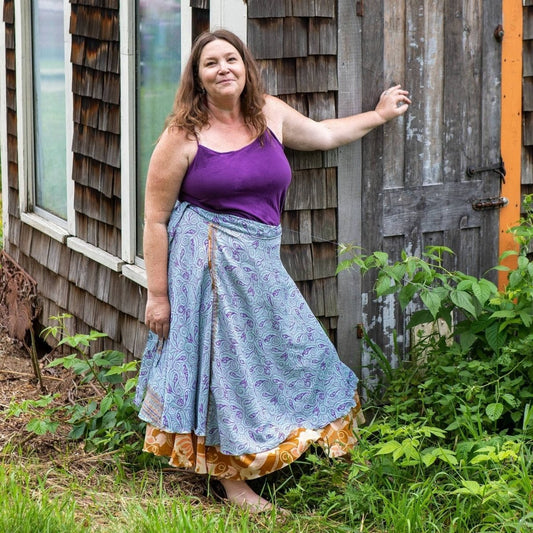 Darn Good Yarn The Original Sari Wrap Skirt in vibrant, colorful sari fabric with tie closure, stylish and versatile clothing accessory.