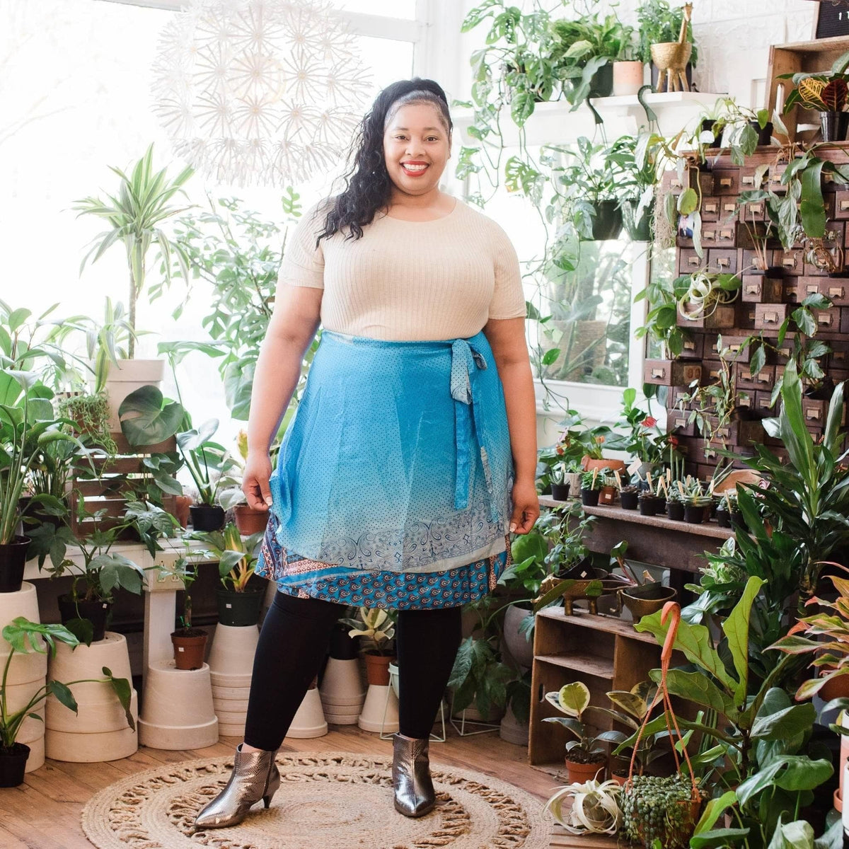 Colorful sari wrap skirt by Darn Good Yarn, featuring vibrant fabric and a versatile wrap design for boho-style clothing.