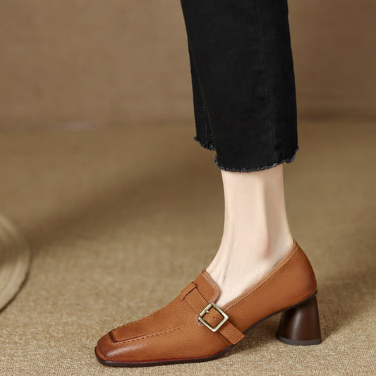 Zapatos de cuero de tacón grueso estilo retro británico para mujer – Puntera redonda para ir al trabajo