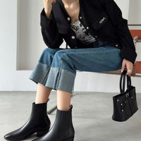 Women’s Retro Square-Toe Mid-Heel Chunky Leather Boots