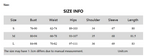 Size chart for Mandotos International Tie Waist Pullover Dress showing measurements in cm.