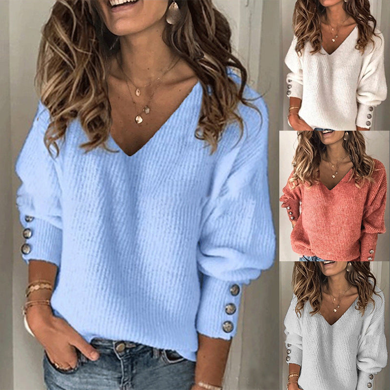 Chic V-neck knit women's tee in light blue, white, coral, and grey colors.