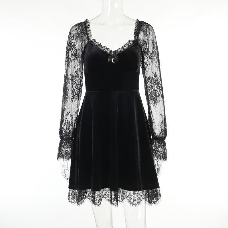Mandotos International chic black velvet dress with lace long sleeves and hem