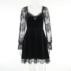 Mandotos International chic black velvet dress with lace long sleeves and hem