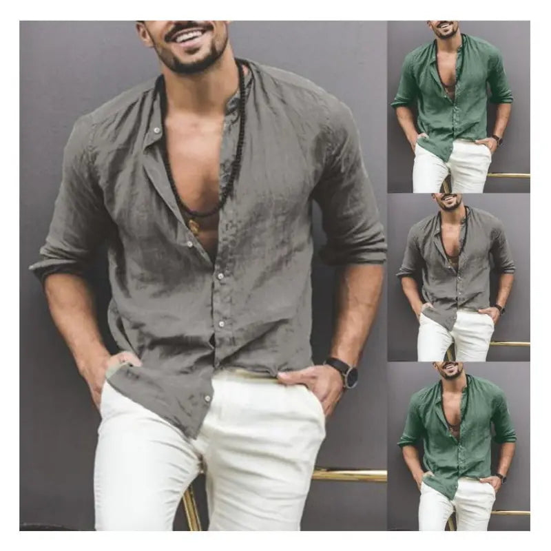 Mandotos International Classic Buttoned Collar Men's Shirt in linen-style fabric