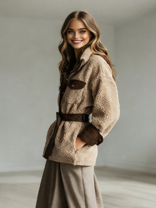 Chaqueta de cuero PU vintage para mujer – Abrigo de invierno con forro de piel de cordero