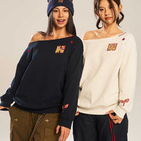 Women’s Slanted Shoulder Embroidered Long-Sleeve Top