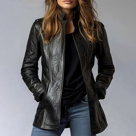 Chaqueta de PU estilo vintage — Abrigo de cuero tipo cárdigan abierto de largo medio con bolsillos