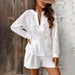 Women's Solid Color Elegant V-Neck Lace Long Sleeve Blouse & Shorts Set