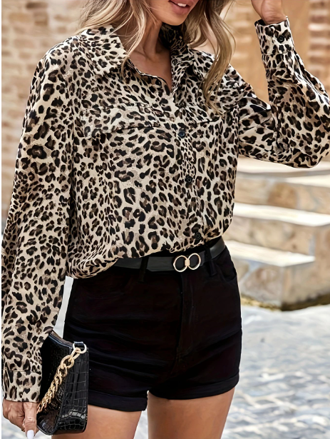 LIVA Chic Leopard Chiffon Long-Sleeve Shirt