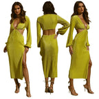 Mandotos autumn fashion pressed pleated waistless women's dress displayed on a model, showcasing its elegant design and flowy fabric.
