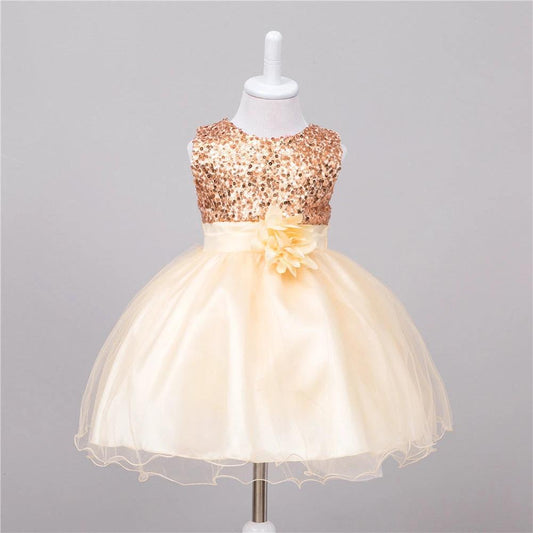 Baby sequin dress by MANDOTOS featuring flower girl style, perfect for wedding and princess-themed occasions.