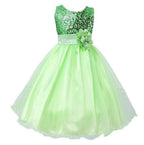 Baby sequin dress by MANDOTOS featuring floral details, perfect for flower girl or princess wedding attire.