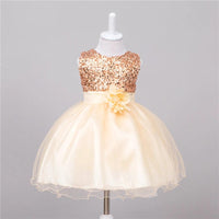Baby sequin flower girl dress by MANDOTOS featuring a princess-style wedding gown with floral details and sparkling embellishments.