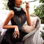 Mandotos bandage beads evening dress featuring intricate beadwork and a fitted silhouette, perfect for formal occasions.