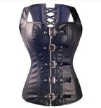 Black steampunk faux leather overbust corset by MANDOTOS with lace-up front and metal accents, designed for a bold, vintage-inspired look.