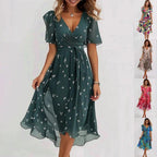 Mandotos chiffon printed short sleeve summer dress with V-neck, elegant design, perfect for women's warm-weather clothing.