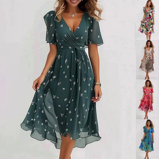 Mandotos chiffon printed short sleeve summer dress with V-neck, elegant design, perfect for women's casual and semi-formal wear.