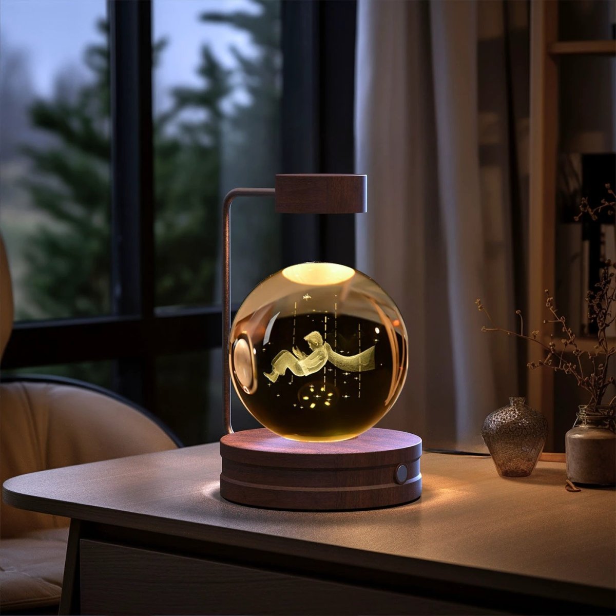 Mandotos cosmic dinosaur crystal ball indoor night light with USB power, warm glow, perfect as a bedside or birthday gift lamp.