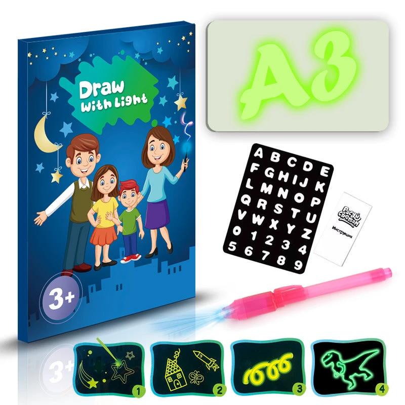 Mandotos educational drawing pad with 3D magic light effects and puzzle board for kids' creative sketching and learning.