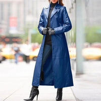 European and American women's leather long coat by MANDOTOS, showcasing a stylish black leather outerwear with a tailored fit.