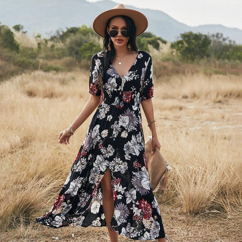 Mandotos floral summer beach dress for women with V-neck and elastic waist, lightweight and flowy for warm weather wear.