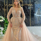 Elegant French style wedding dress with long sleeves, simple design, and flowing fabric, by MANDOTOS.