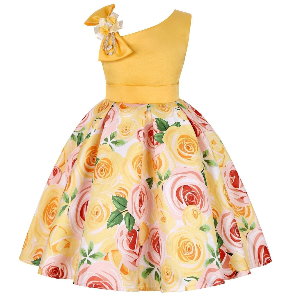 Girls' princess dresses by MANDOTOS featuring colorful digital print, perfect for children’s special occasions and parties.