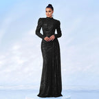 Mandotos long sleeve round neck sequined banquet dress, slim fit, elegant evening gown with shimmering embellishments.