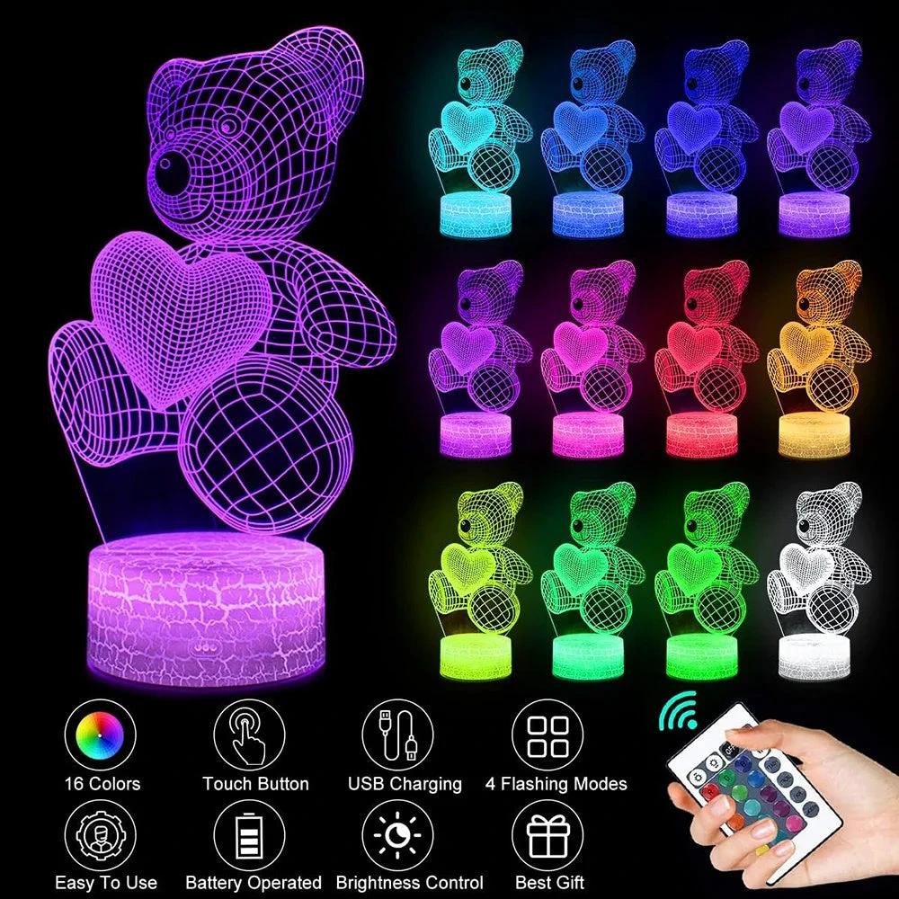 Mandotos 3D Teddy Bear Lamp acrylic USB LED night light with 16 colors and remote control, perfect for cozy bedroom decor.