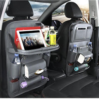 Mandotos PU leather car seat back organizer tray, waterproof, designed for storing travel essentials and keeping car tidy.
